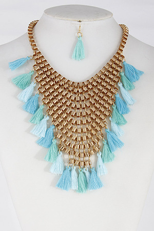 Thick V Shape Statement Necklace With Tassels Set 6FCH7